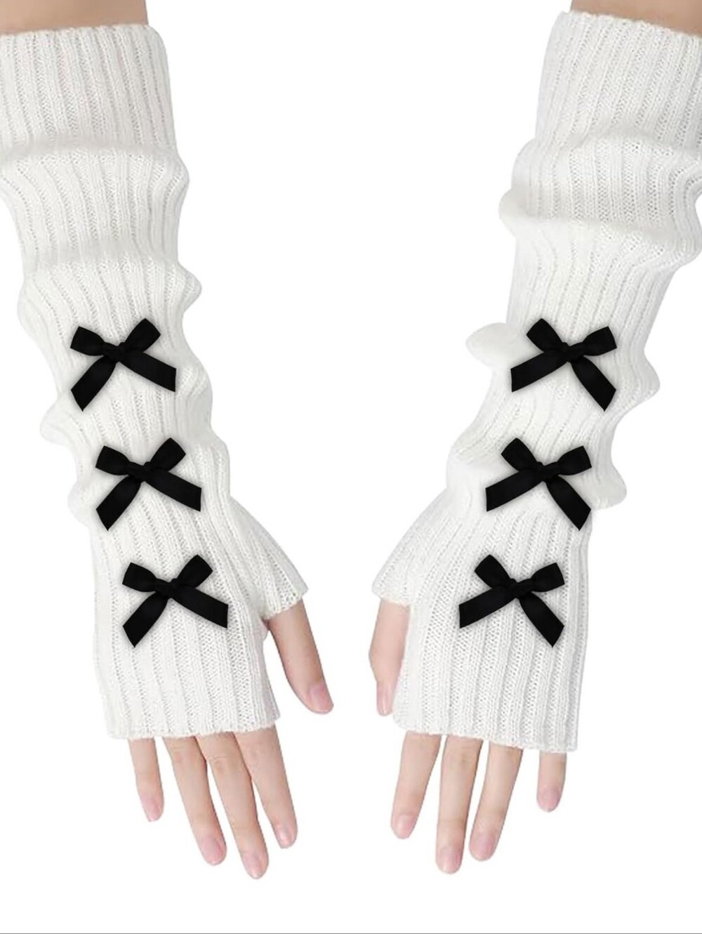 Women’s White Knit Arm Warmers with Black Bows
